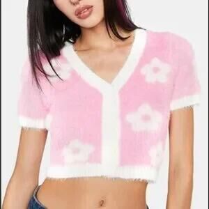 Pretty Garbage Jovie Daisy Cardigan Pink Top SMALL Cropped Fluffy